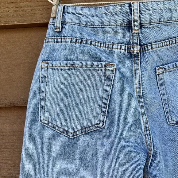 Distressed Blue Denim Jeans W/ Rhinestone Trim & Raw Hem For Women - Picture 13 of 14